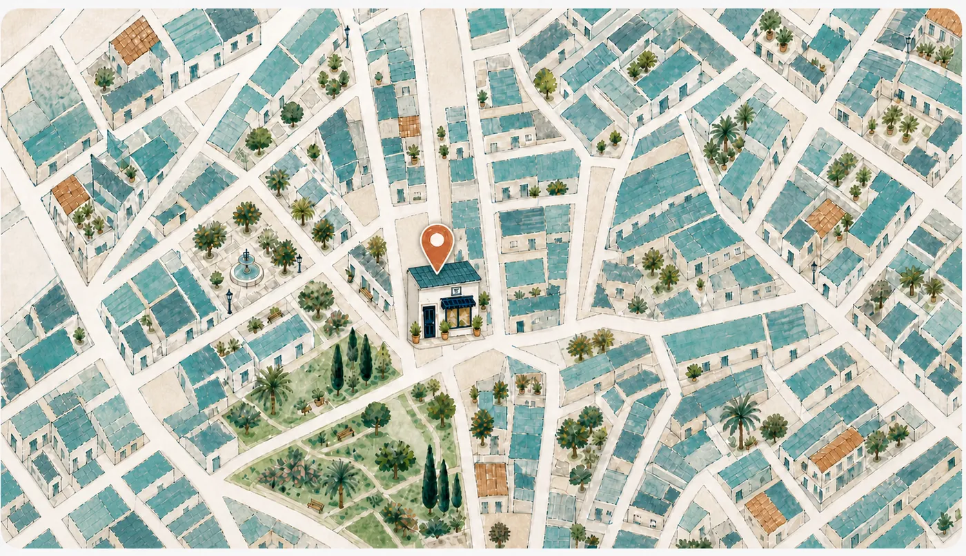 Mapa ilustrado del centro de Utrera con la ubicación de Simply English